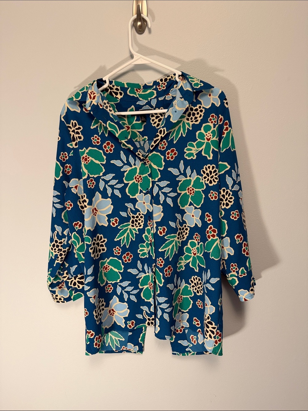 Blue Floral Button-Front Blouse with sexy split back